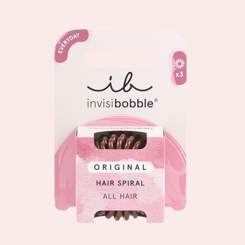 Confezione con elastici per capelli marroni a spirale. Marchio: Invisibobble. Scritta: Original Hair Spiral.