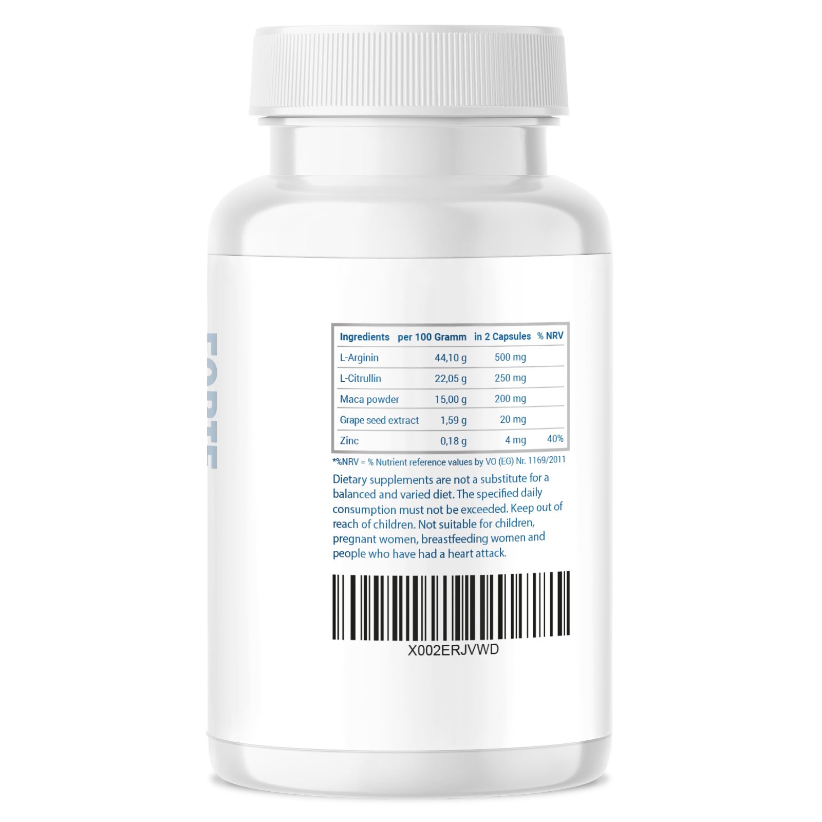 Retro di un flacone di capsule bianco con tabella degli ingredienti. Contiene informazioni su L-arginina, L-citrullina, polvere di maca, estratto di semi d'uva e zinco.