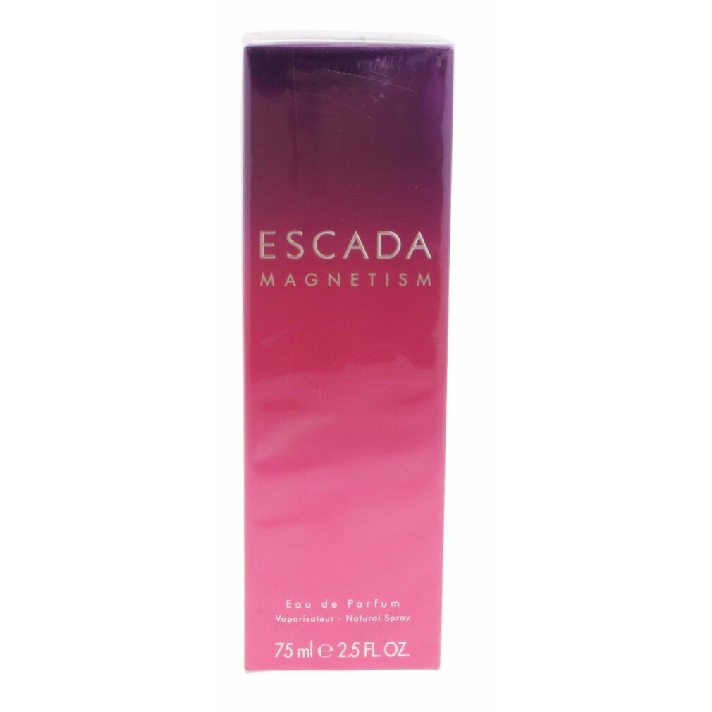 Scatola rosa di Escada Magnetism Eau de Parfum Spray. Logo del marchio e nome del prodotto sul davanti. Sfumatura dal rosa al viola.