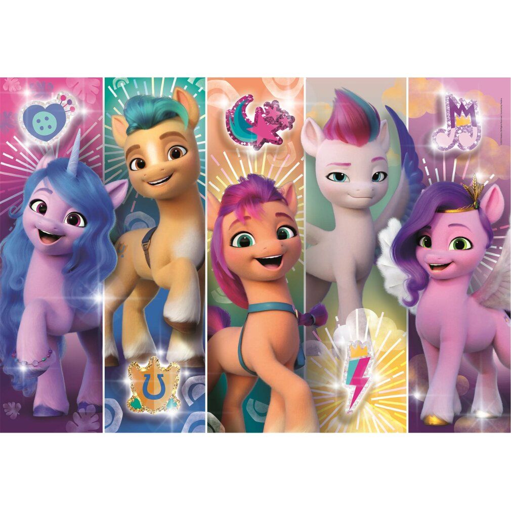 Puzzle Clementoni My Little Pony, 104 pezzi. Singoli pezzi del puzzle con personaggi pony. Puzzle Supercolor.