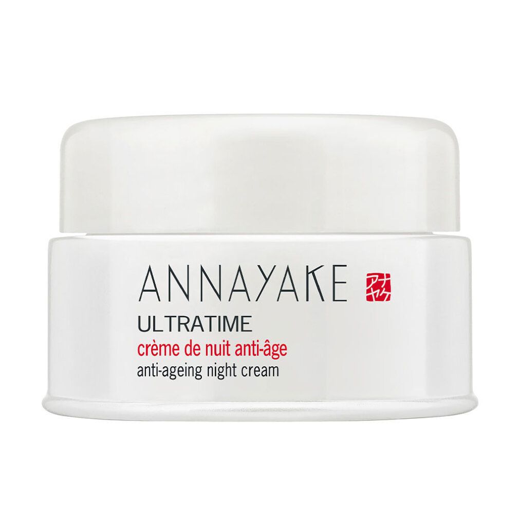 Vasetto bianco con coperchio. Scritta: ANNAYAKE, ULTRATIME, crème de nuit anti-âge, anti-ageing night cream.