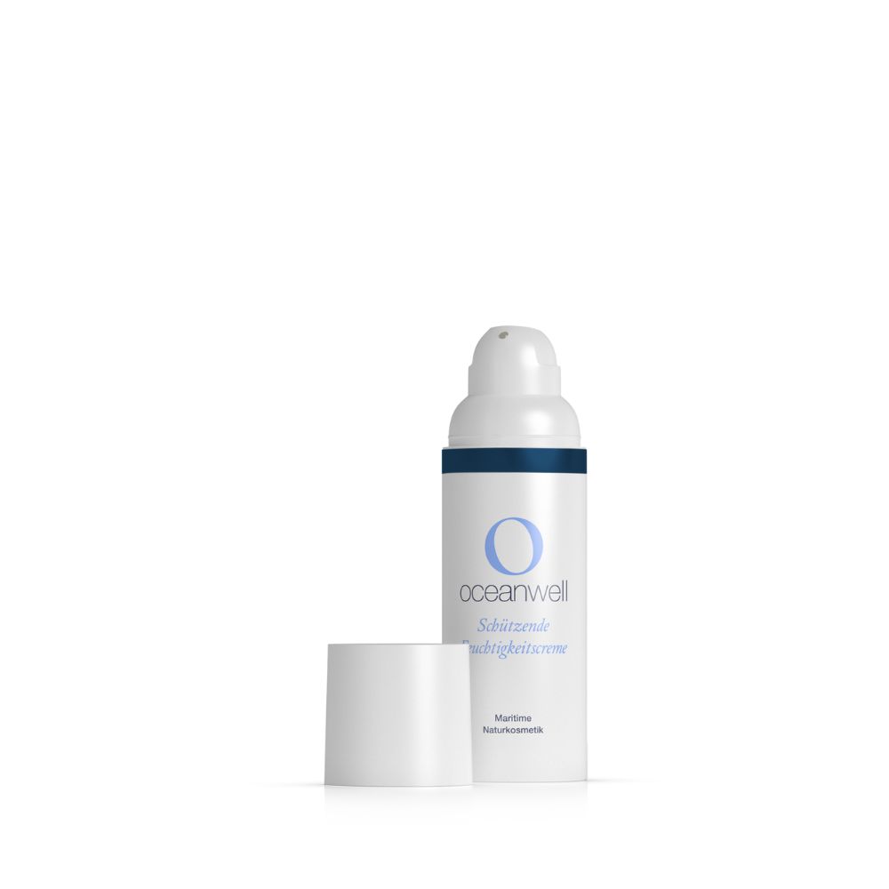 Flacone bianco con anello blu e scritta. Coperchio accanto.