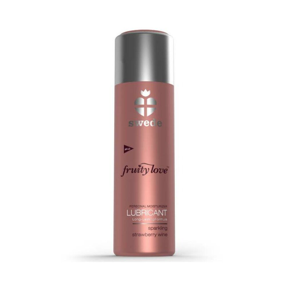 Flacone rosa con tappo argentato. Scritta: Swede, Fruity Love, Lubricant, Sparkling Strawberry Wine. pH 4.5.