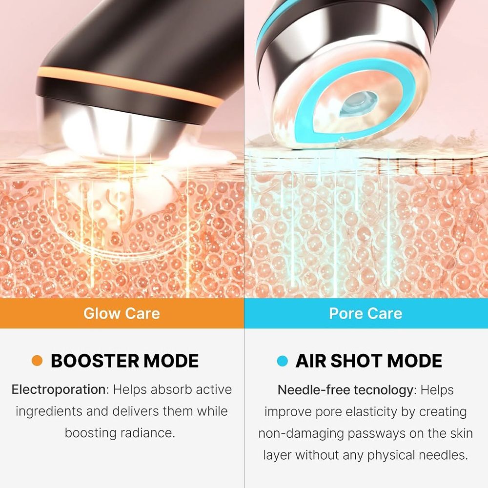 Due viste della bacchetta di bellezza. Testo: Glow Care, Booster Mode. Pore Care, Air Shot Mode.