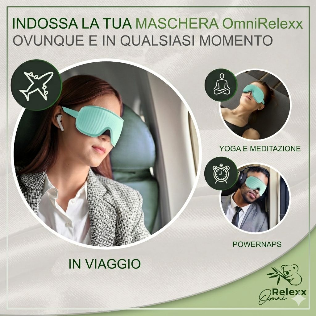 Donna con maschera per dormire turchese in aereo, yoga, pisolini. Testo: OMNIRELEXX®.