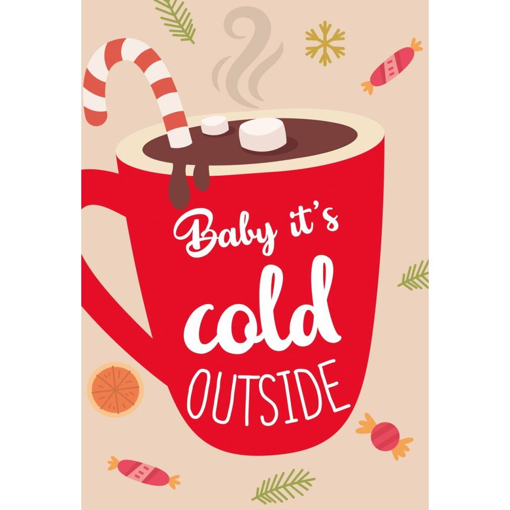 Illustrazione: tazza rossa con scritta Baby it's cold outside. Con marshmallow, bastoncino di zucchero e decorazioni.