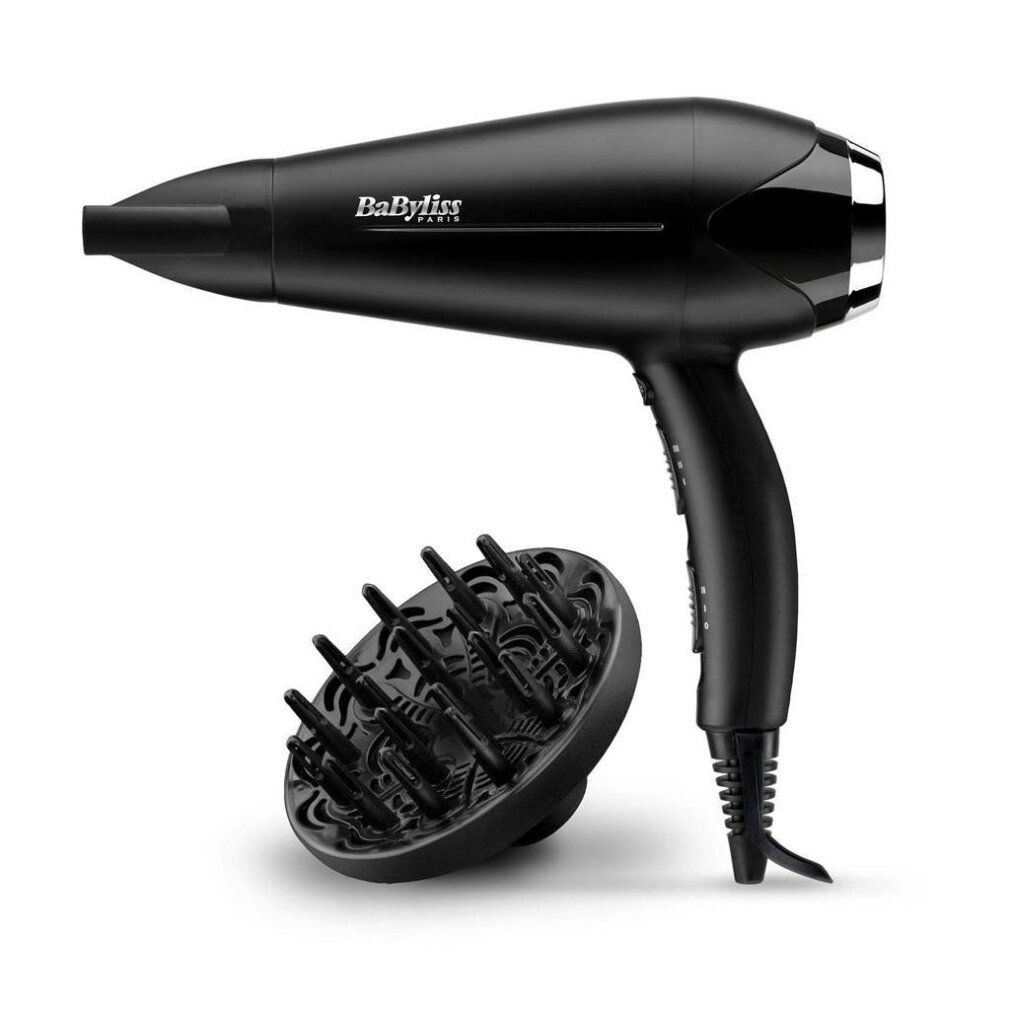 Asciugacapelli nero con diffusore. Marchio BaByliss. Dettagli argento. Cavo di alimentazione.