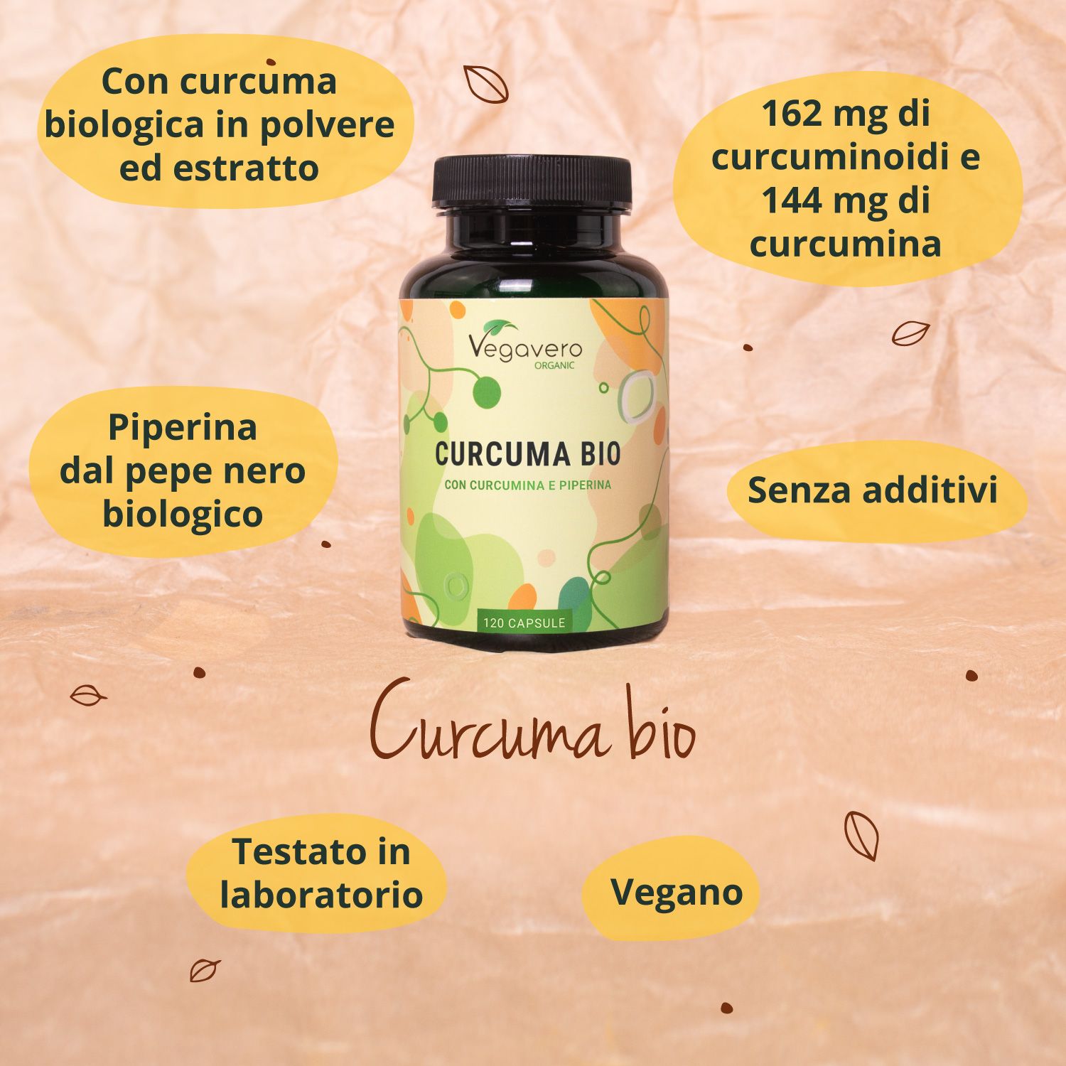 Flacone di Bio Curcuma con testo. Informazioni: polvere di curcuma, piperina, 162mg curcuminoidi, senza additivi, vegano.