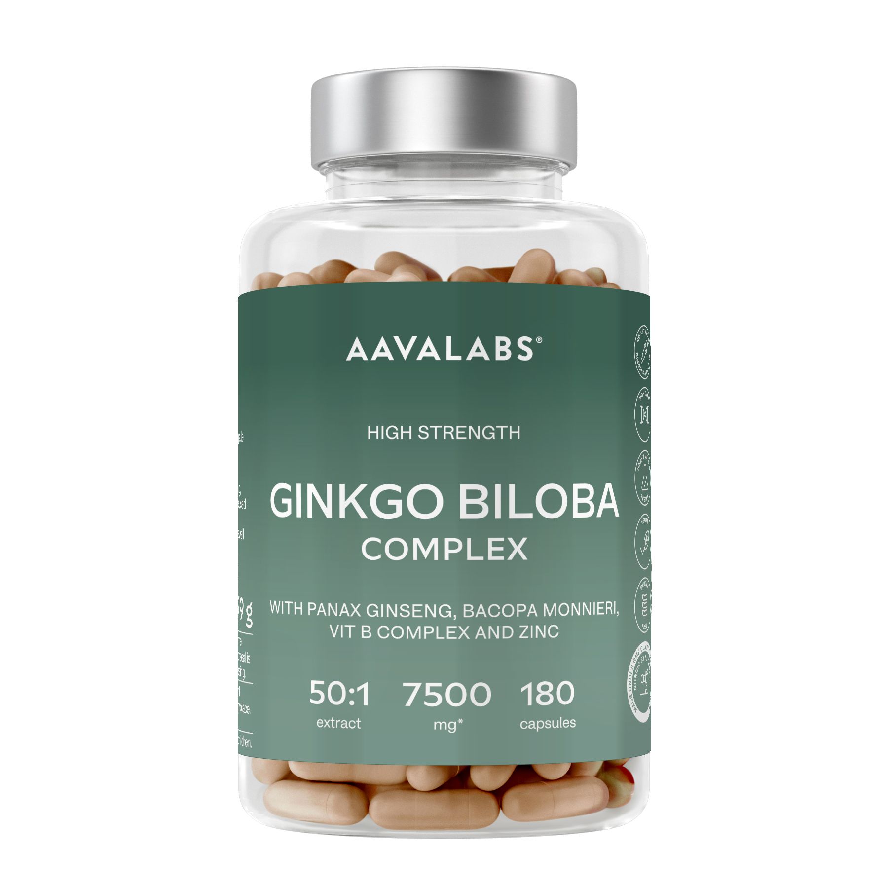 Aavalabs Ginkgo Biloba Complex. Flacone. 180 capsule. Ginkgo, Panax Ginseng, Bacopa Monnieri, Vitamina B e Zinco.