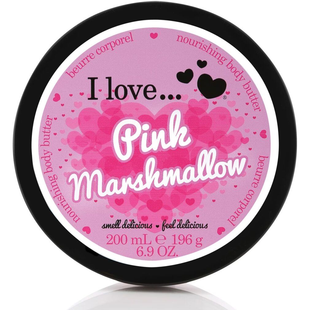 Vasetto rotondo con etichetta rosa. Scritta: I love... Pink Marshmallow. Coperchio nero. 200 ml, 196 g.