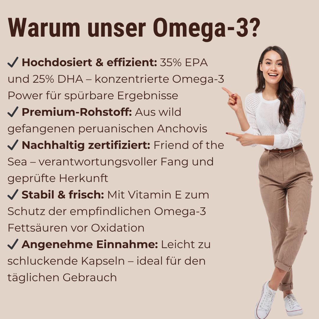Donna che indica il testo. Testo: Altamente dosato ed efficiente, materia prima premium, certificato sostenibile, stabile e fresco, facile da assumere.