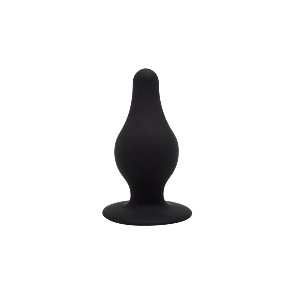 Plug anale nero. A forma di goccia, con base ampia. In silicone.