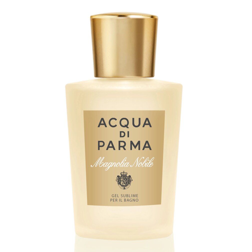 Flacone beige con tappo dorato. Etichetta con testo: Acqua di Parma, Magnolia Nobile. Gel Sublime Per Il Bagno.