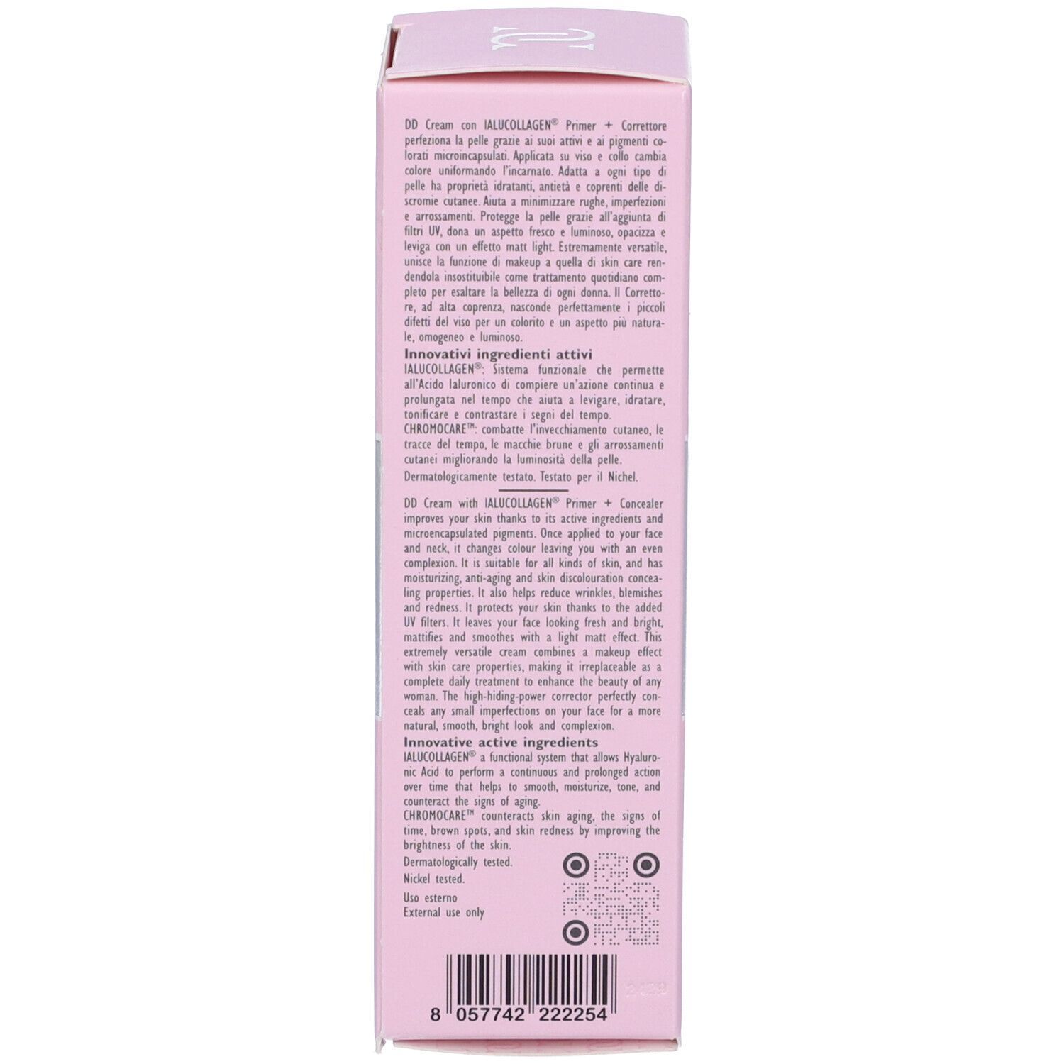 Retro della scatola rosa con testo. Contiene: Ingredienti, istruzioni per l'uso e altre informazioni.