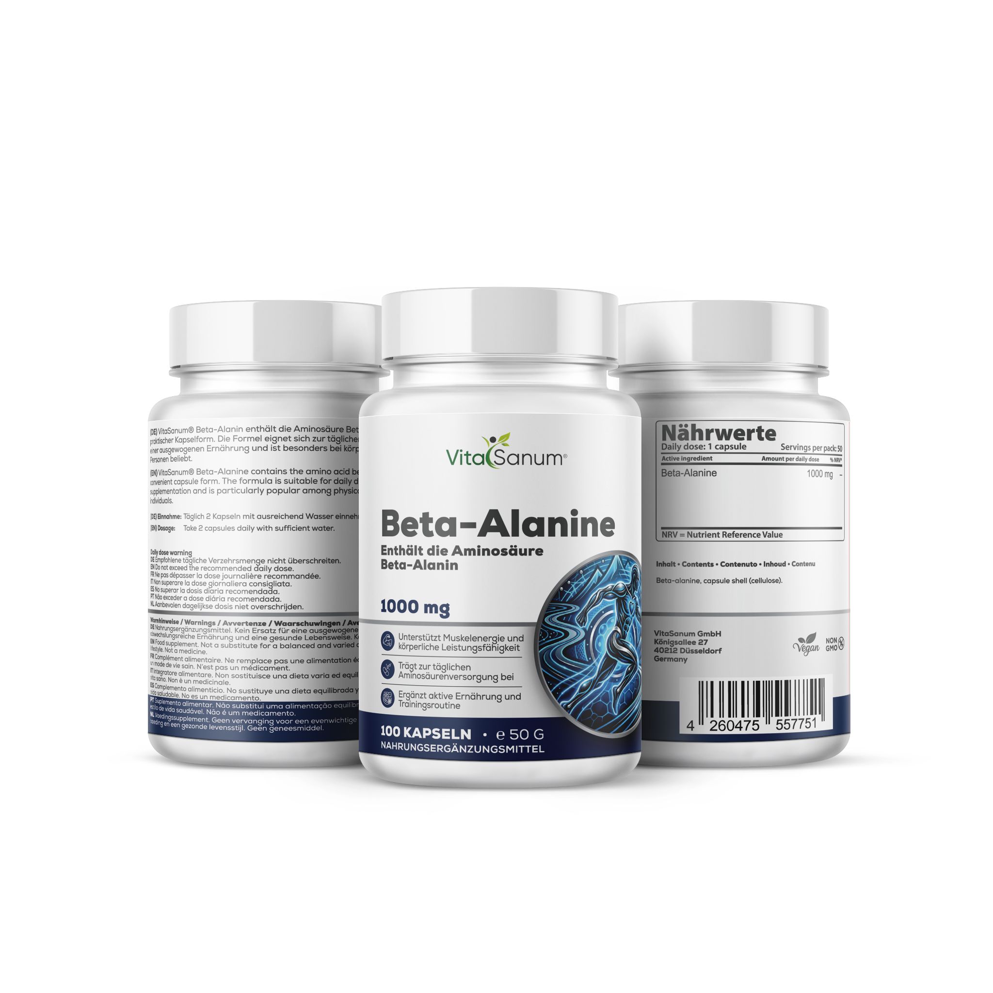 Capsule VitaSanum Beta-Alanina: Tre contenitori con 100 capsule vegane, 1000 mg di beta-alanina per dose giornaliera.