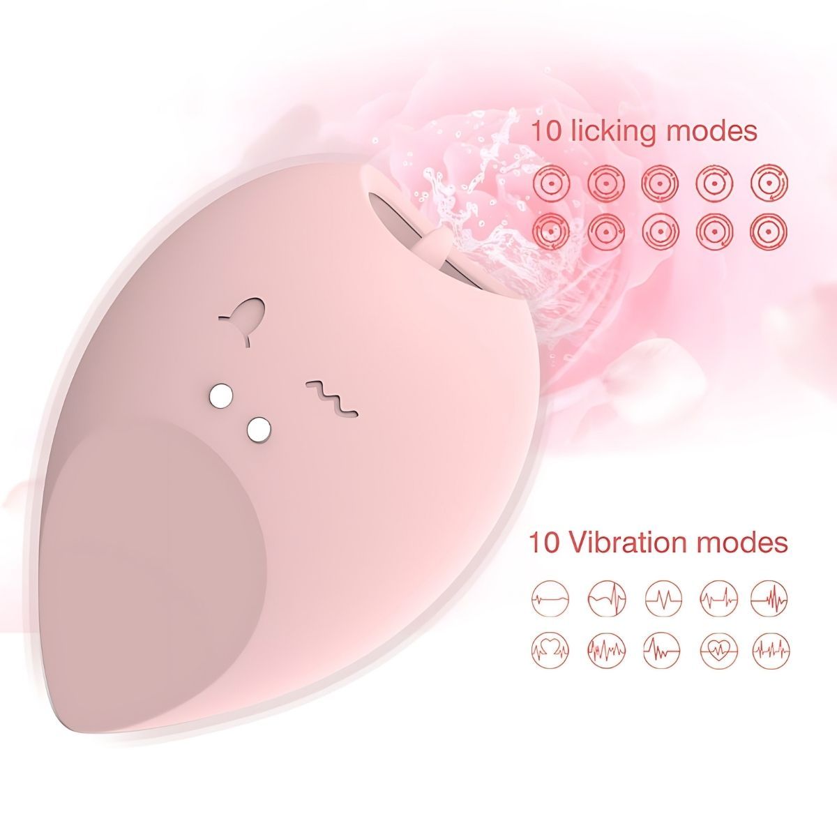 Vibratore Rosa a goccia. Rosa, con due pulsanti e un design ondulato e arcuato. Testo: 10 modalità di leccatura, 10 modalità di vibrazione.