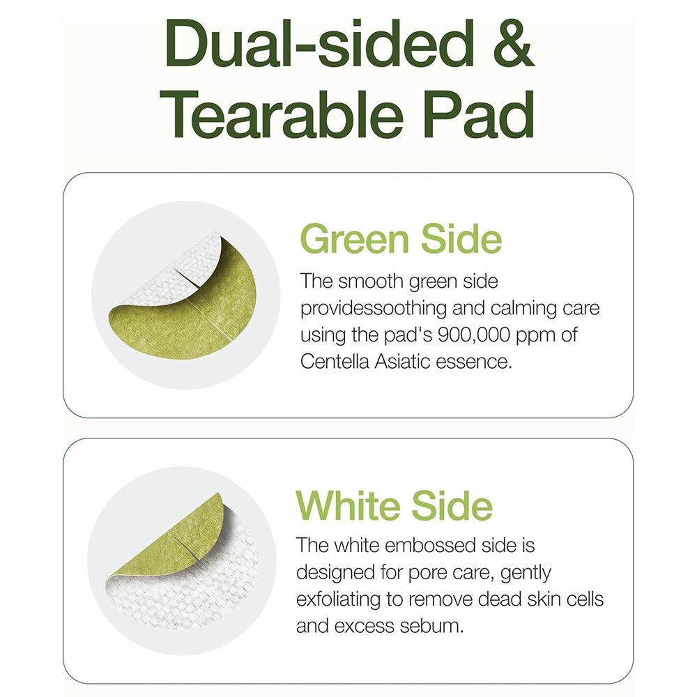 Schema: lati verde e bianco del pad. Lato verde: lenitivo. Lato bianco: esfoliante.