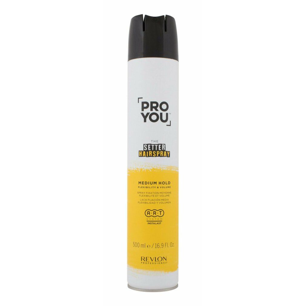 Bomboletta spray per capelli. Bianco, giallo e nero. Scritta: PRO YOU, SETTER HAIRSPRAY, MEDIUM HOLD. Marca: Revlon.
