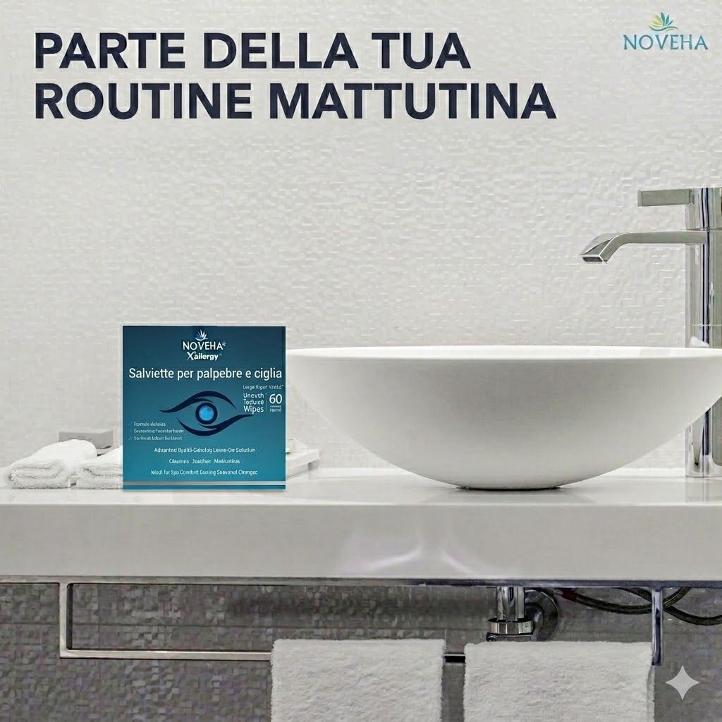 Confezione del prodotto sul lavandino. NOVEHA Salviette per palpebre e ciglia. Testo: Parte della tua routine mattutina.