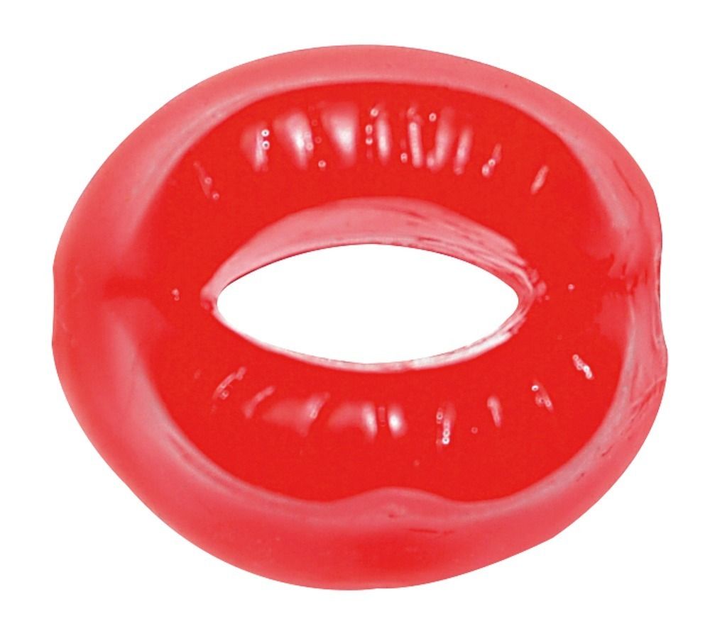 Vibratore rosso a forma di anello con scanalature interne.