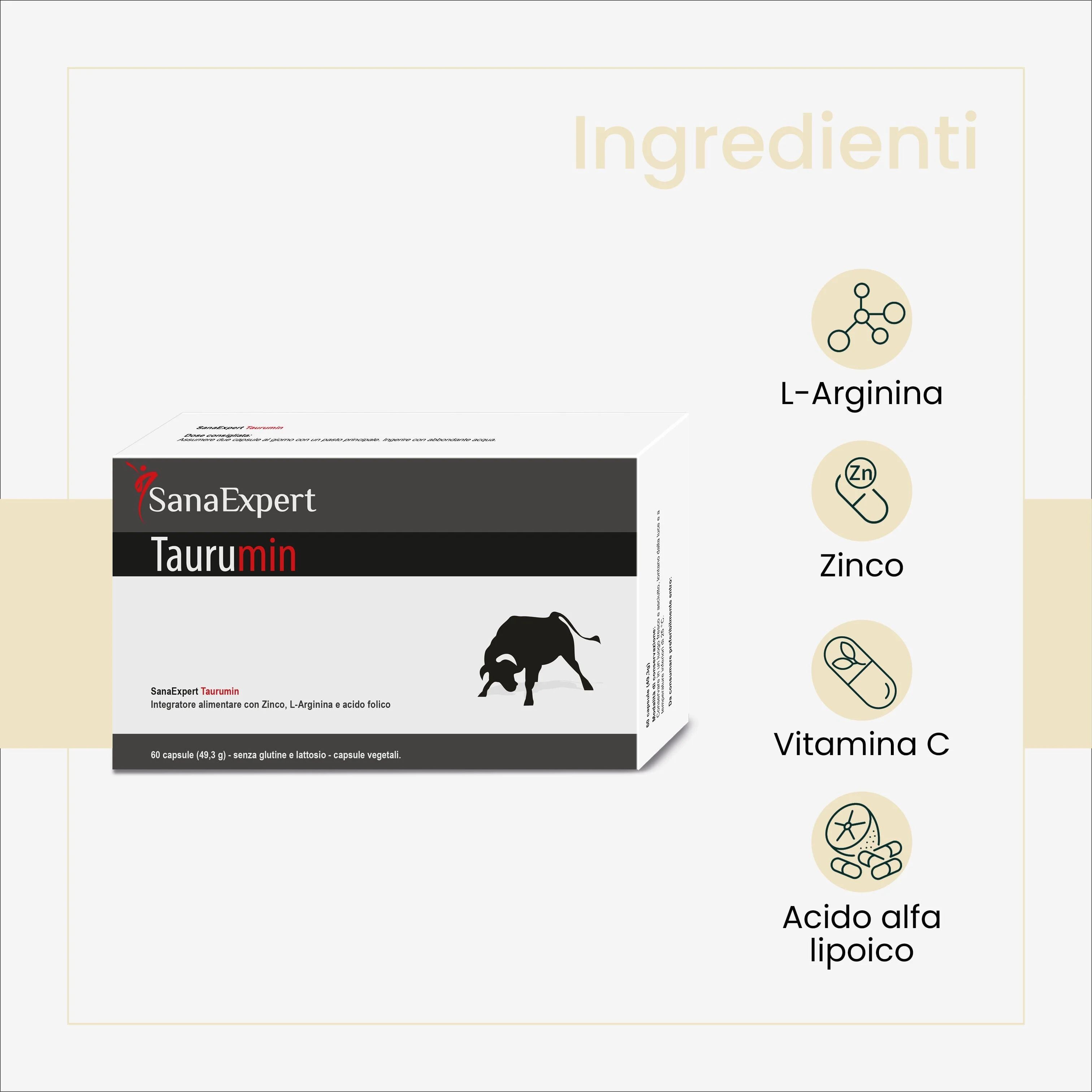 Scatola SanaExpert Taurumin. Ingredienti: L-Arginina, Zinco, Vitamina C.