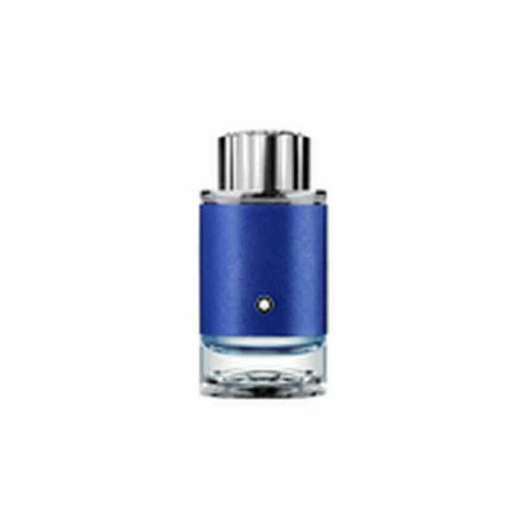Flacone blu con tappo argentato. Logo Montblanc. Base in vetro. Rivestimento blu strutturato.