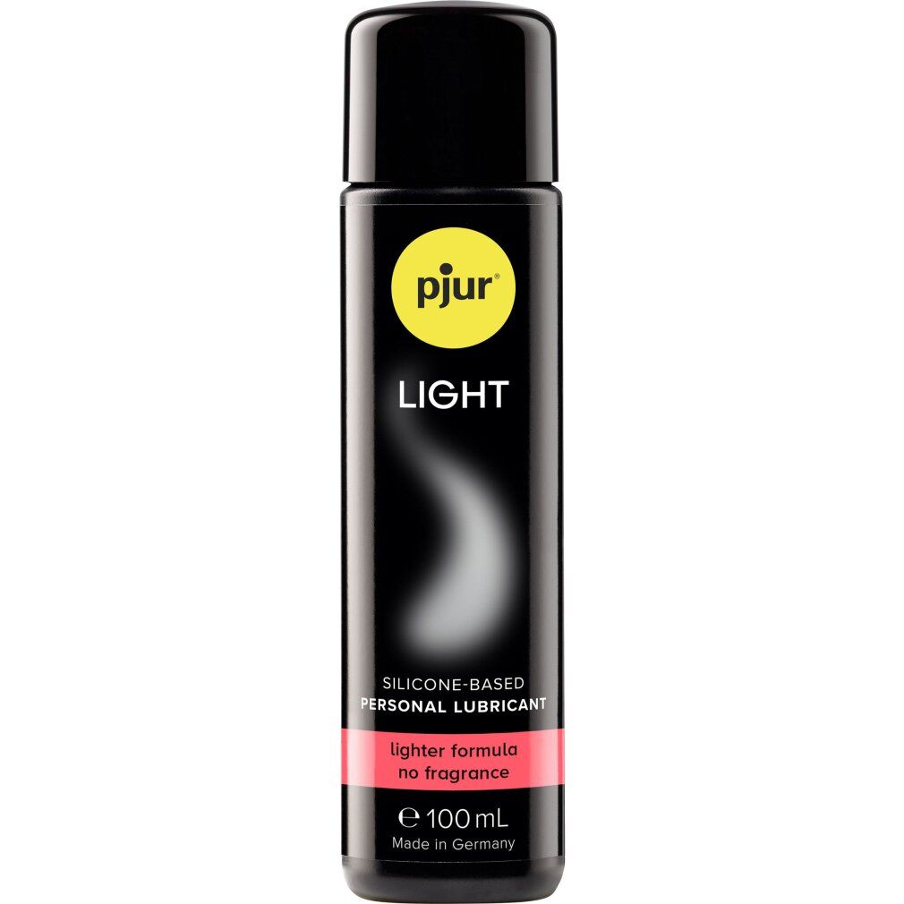 Flacone nero con etichetta gialla e rosa. Scritta: pjur LIGHT, lubrificante a base di silicone, senza profumo, 100ml. Prodotto in Germania.