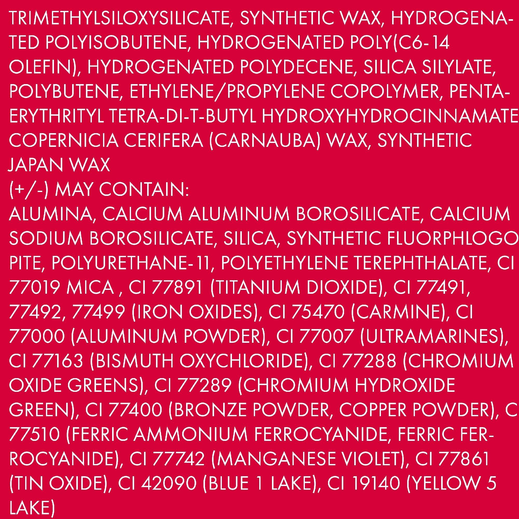 Testo su sfondo rosso. Contiene ingredienti come trimetilsilossisilicato, cera sintetica e coloranti.