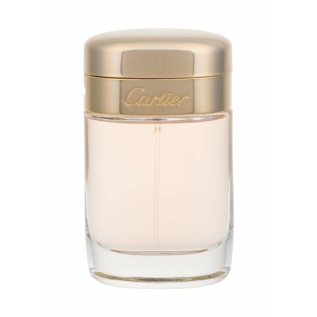 Flacone di profumo cilindrico con tappo dorato e scritta Cartier. Contiene liquido rosa.
