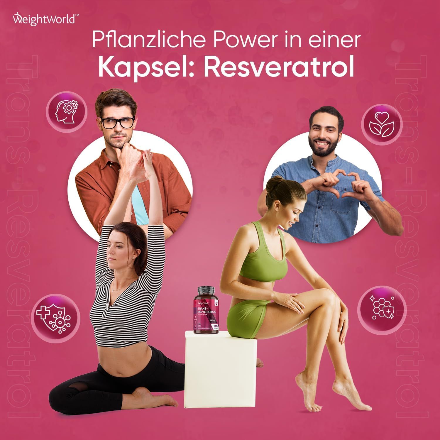 Immagine promozionale con persone e prodotto. Flacone Trans-Resveratrolo su cubo. Persone fanno gesti. Sfondo rosa.