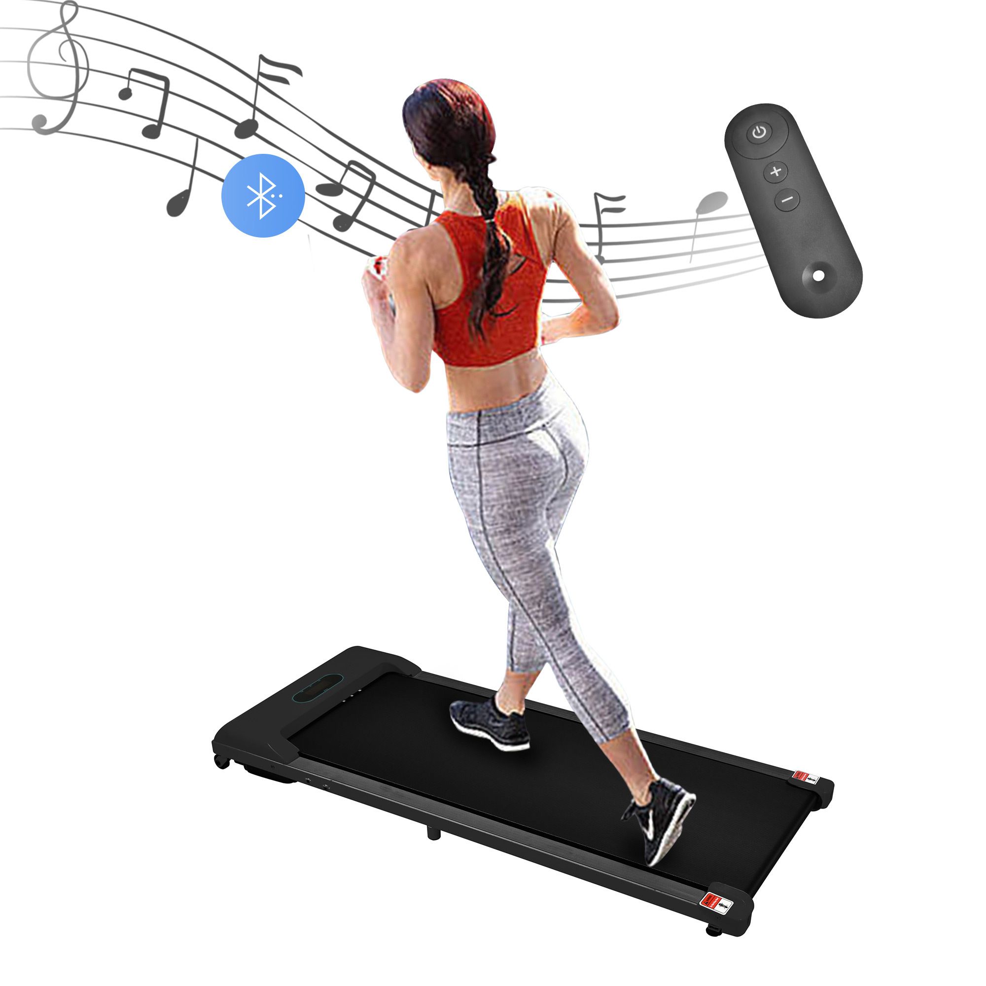 Persona che corre su un tapis roulant nero. Simbolo Bluetooth e note musicali. Telecomando.