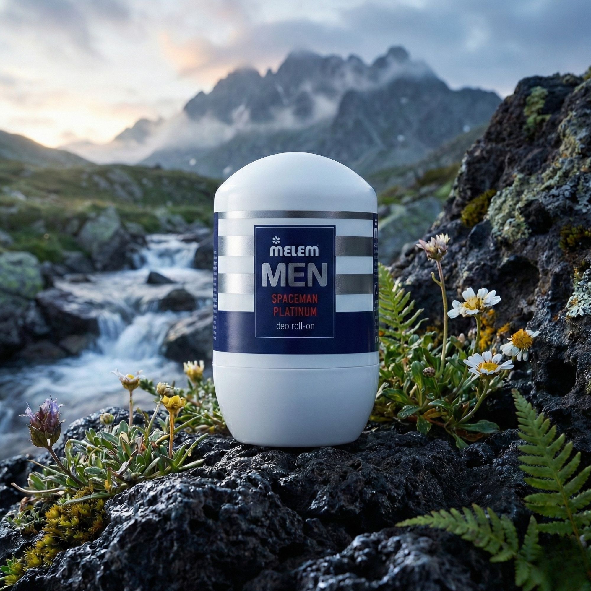 Deodorante roll-on bianco con scritte blu e argento. Posizionato su una roccia davanti a un paesaggio montano.