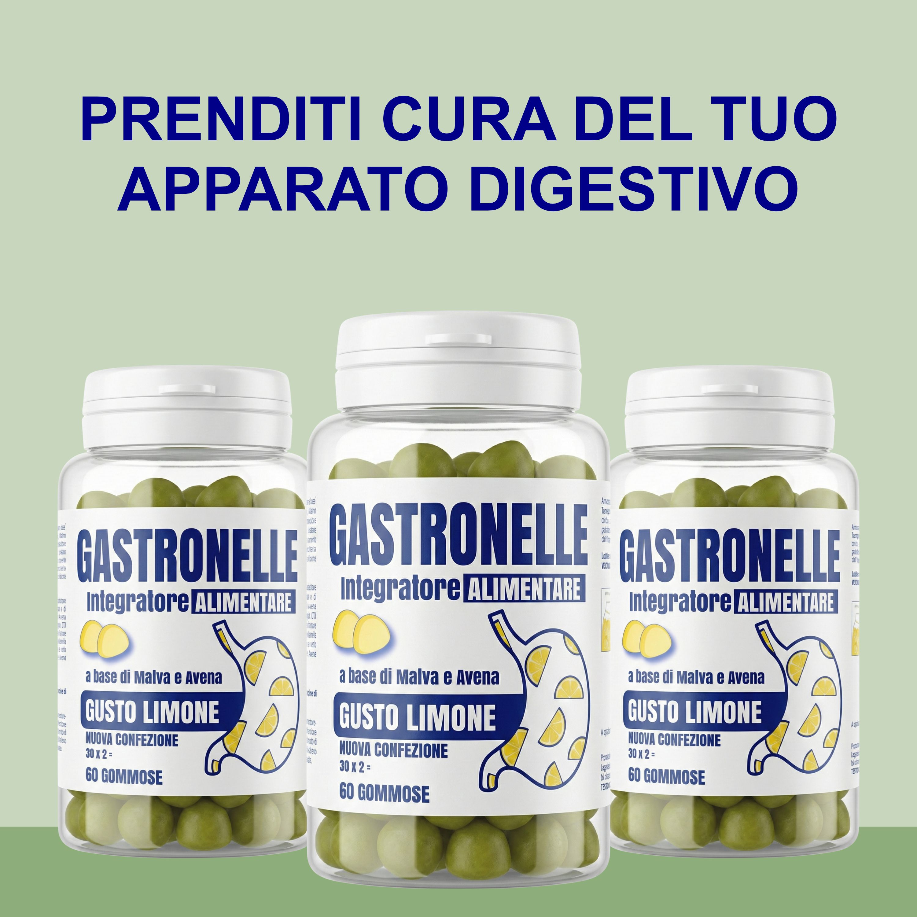 Tre barattoli trasparenti con caramelle gommose verdi. Testo: Prenditi cura del tuo apparato digestivo.