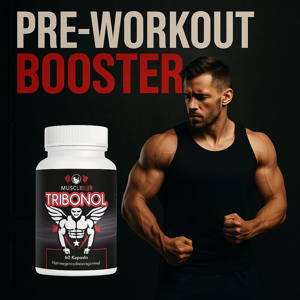 Flacone di capsule con etichetta Tribonol accanto a un uomo muscoloso. Scritta: Pre-Workout Booster, 60 capsule.