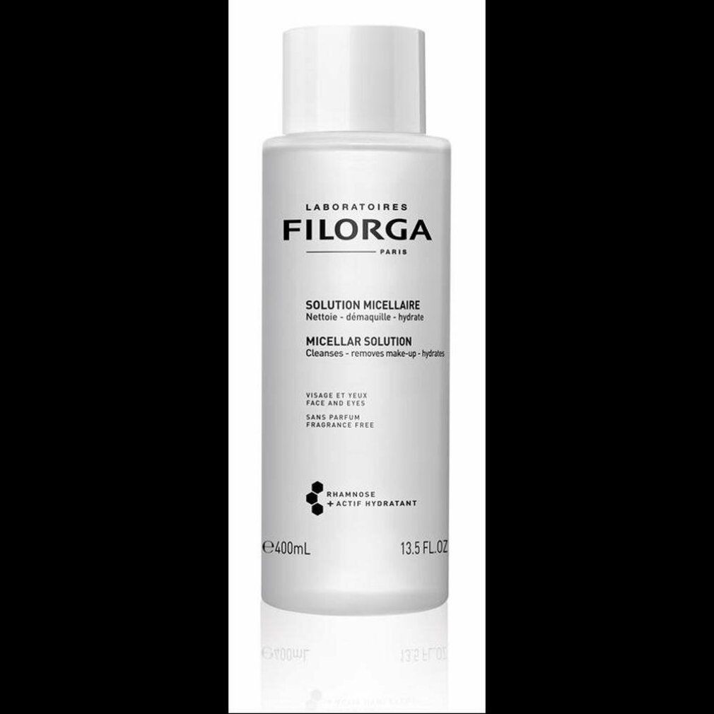 Flacone bianco con logo Filorga e testo. Scritta: Solution Micellaire. Deterge, rimuove il trucco, idrata. 400ml, 13.5 FL OZ.
