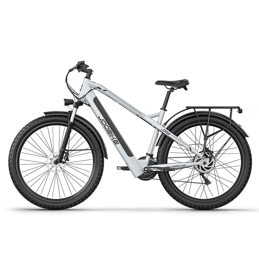 E-bike grigio JOOBIKE J002, 29 pollici, pneumatici all-terrain, portapacchi, parafanghi neri.