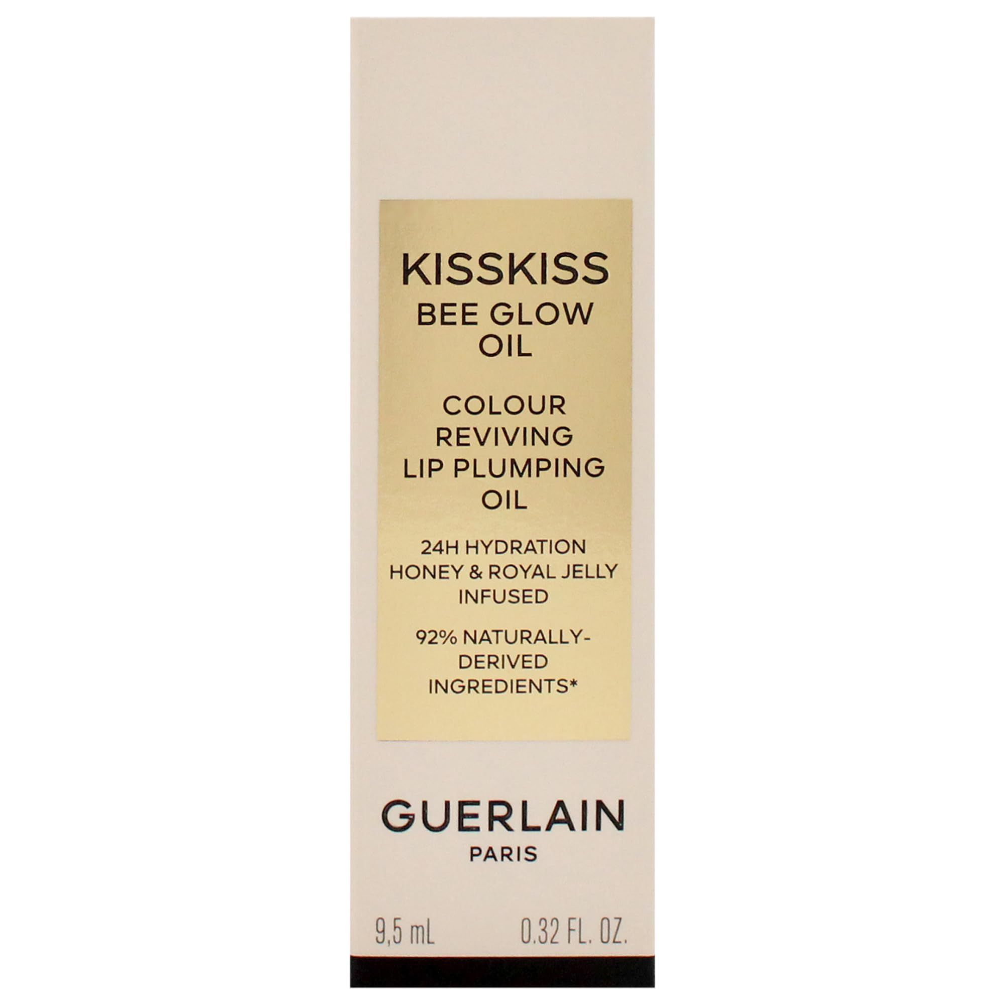 Confezione con testo. Sono visibili "KISSKISS BEE GLOW OIL" e "GUERLAIN". Contiene il 92% di ingredienti naturali.