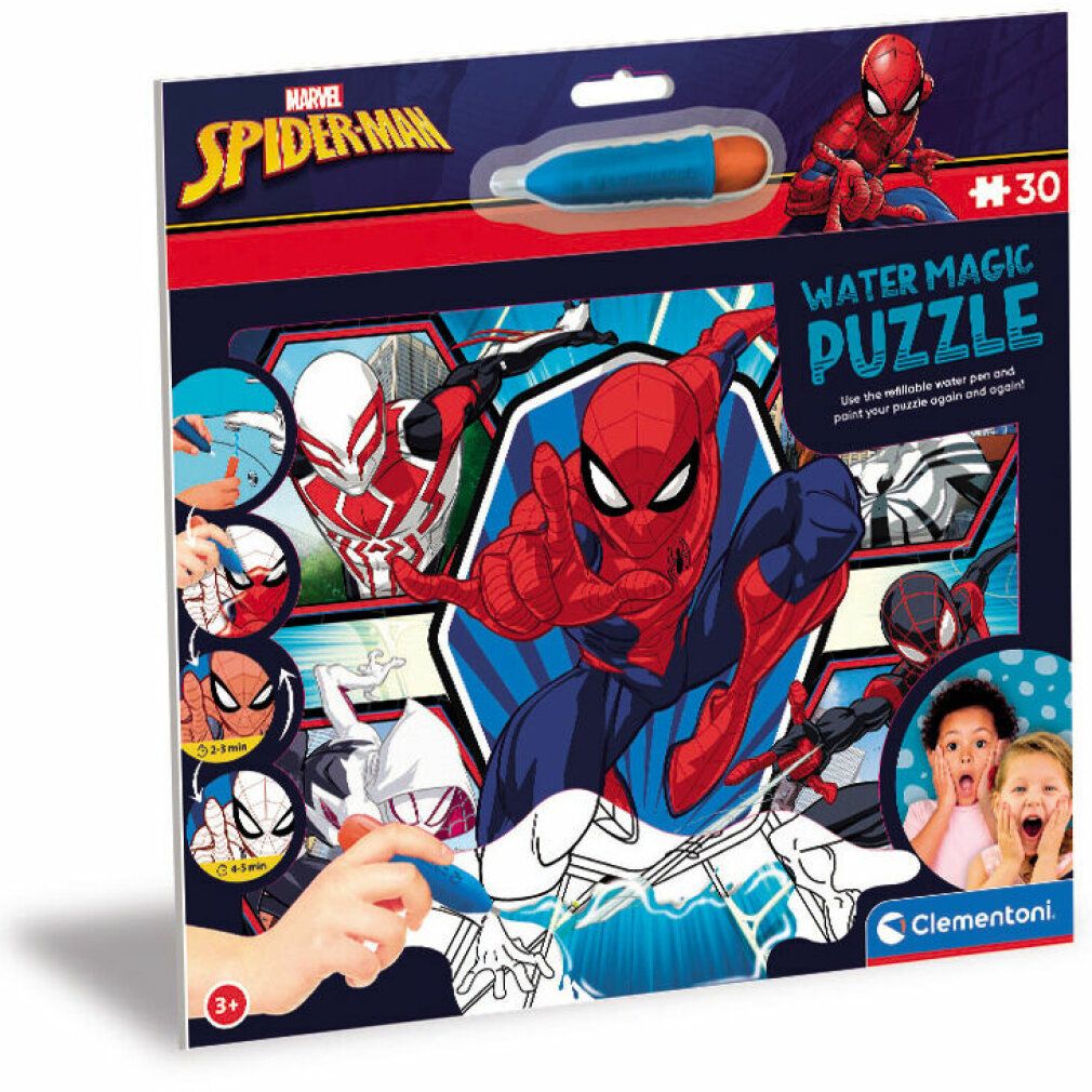 Puzzle Marvel Spiderman Water Magic. Confezione con puzzle, penna e illustrazioni di Spiderman. Contiene 30 pezzi. Logo Clementoni.