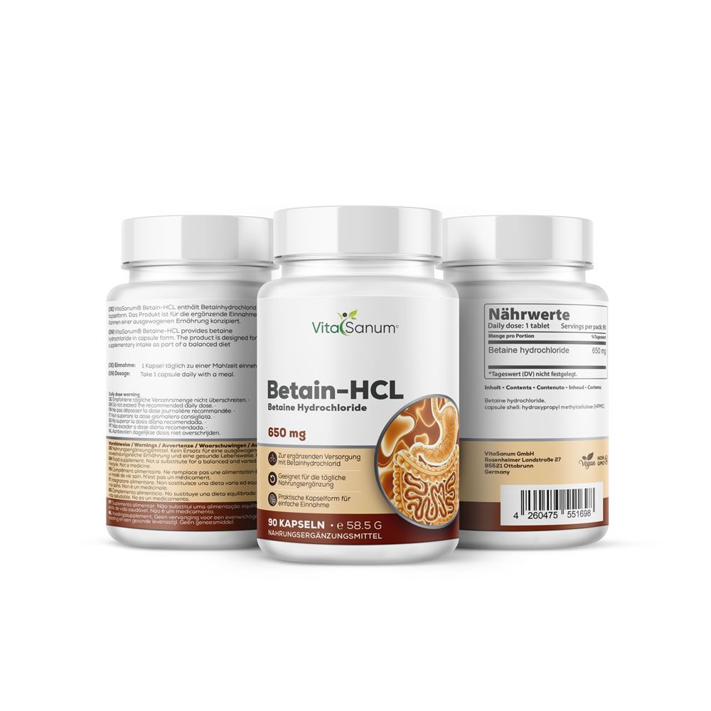 Tre flaconi di capsule. Scritta: VitaSanum, Betain-HCL, 650 mg. Illustrazione del tratto digestivo. Testo sul retro.