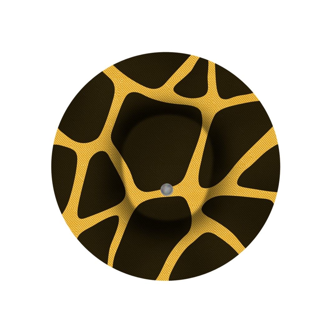 Cerotto fisso rotondo con motivo giraffa. Foro centrale, motivo giallo e nero.