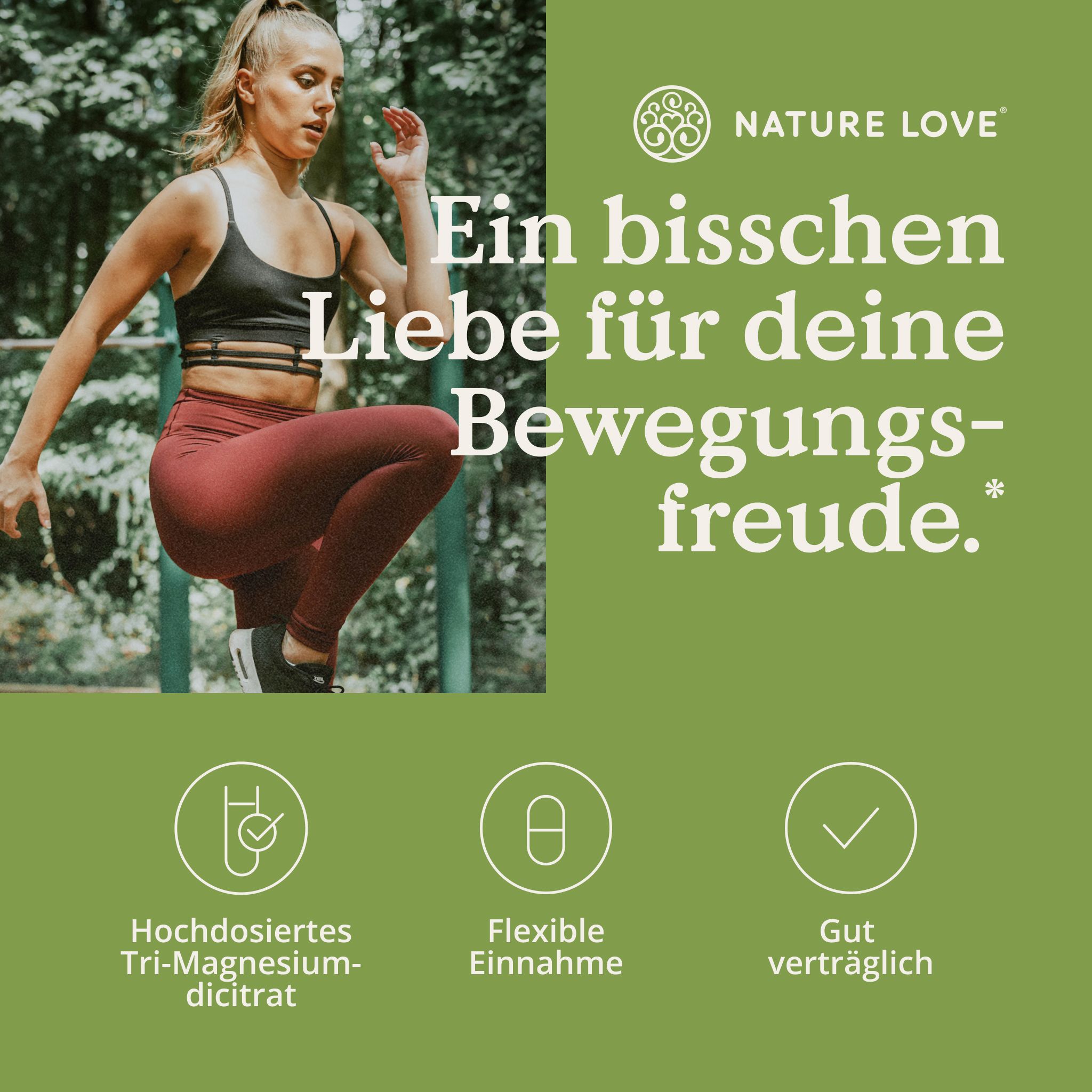 Donna in abbigliamento sportivo in movimento. Testo: Un po' d'amore per la tua gioia di muoverti.