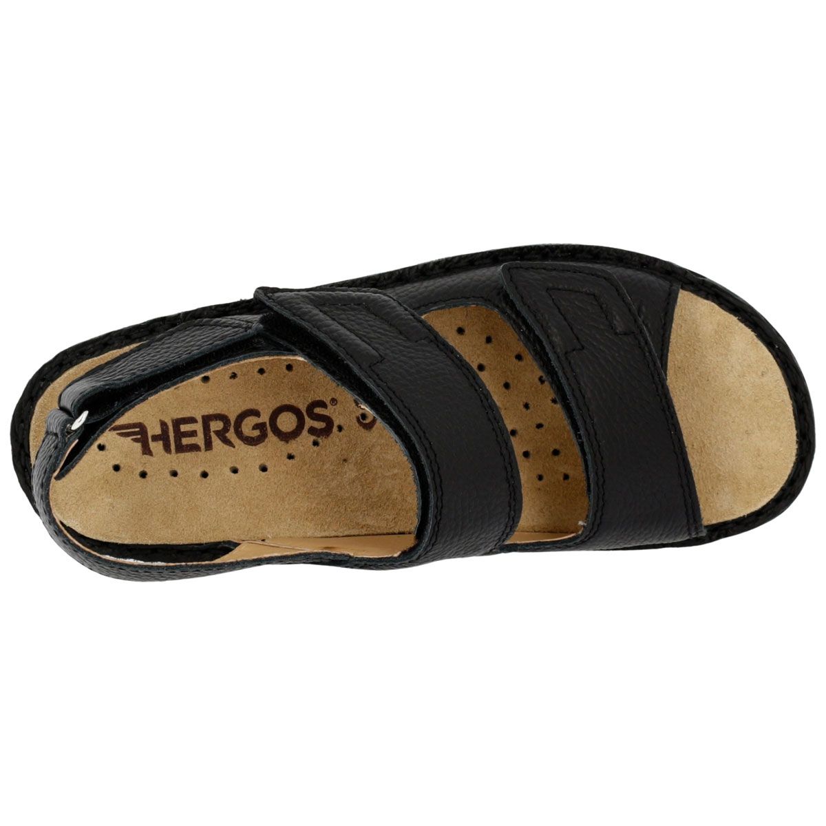 Sandali dall'alto. Pelle nera con chiusure a strappo. Soletta beige. Marchio Hergos.