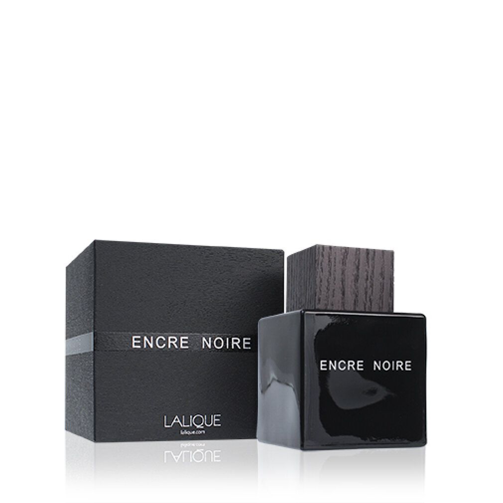 Flacone e confezione neri. Scritta: Encre Noire, Eau de Toilette Pour Homme, Lalique. Tappo in legno.