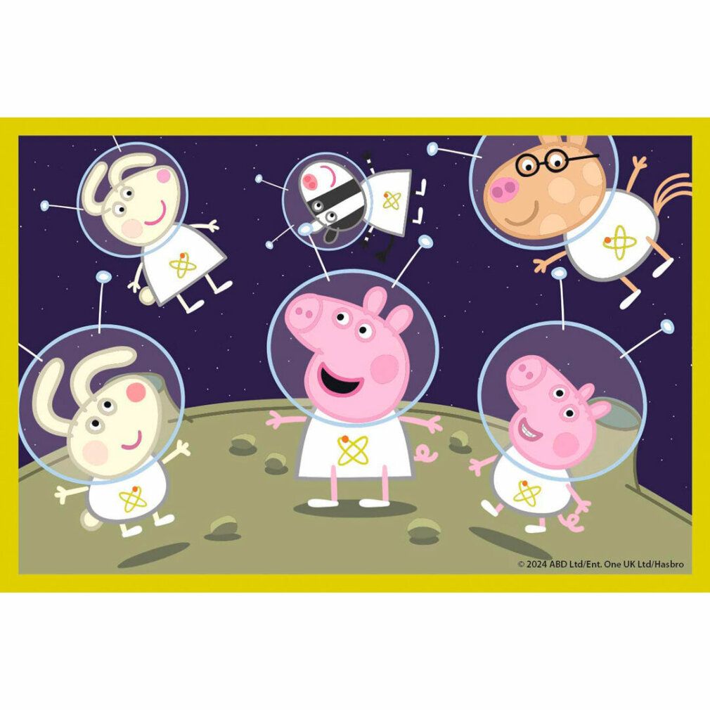 Puzzle Peppa Pig e amici nello spazio. Personaggi in tute spaziali sulla luna. Bordo giallo.