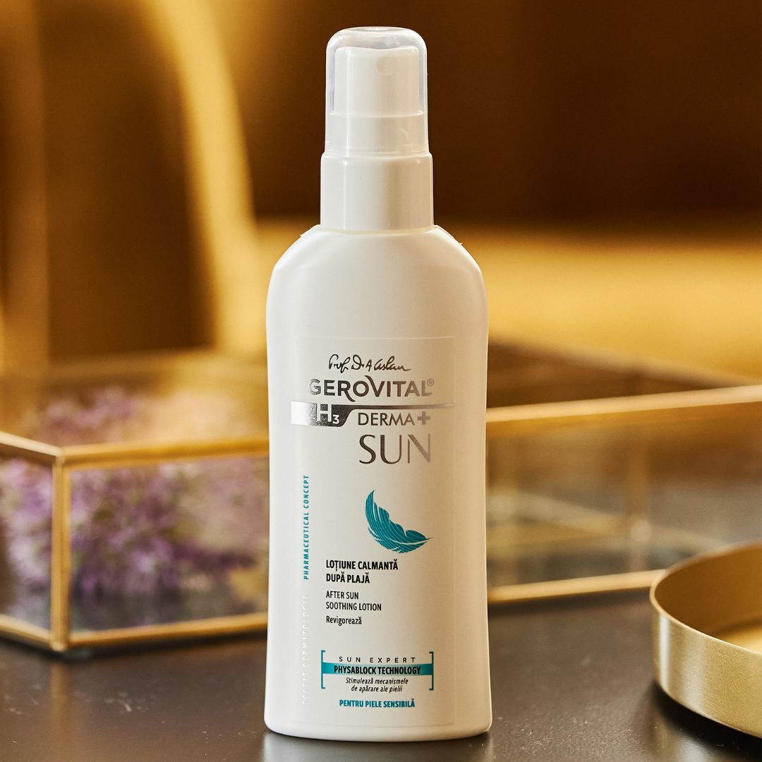 Flacone bianco con vaporizzatore. Scritta: Gerovital H3 Derma+ Sun. Testo: After Sun Soothing Lotion. Su tavolo.
