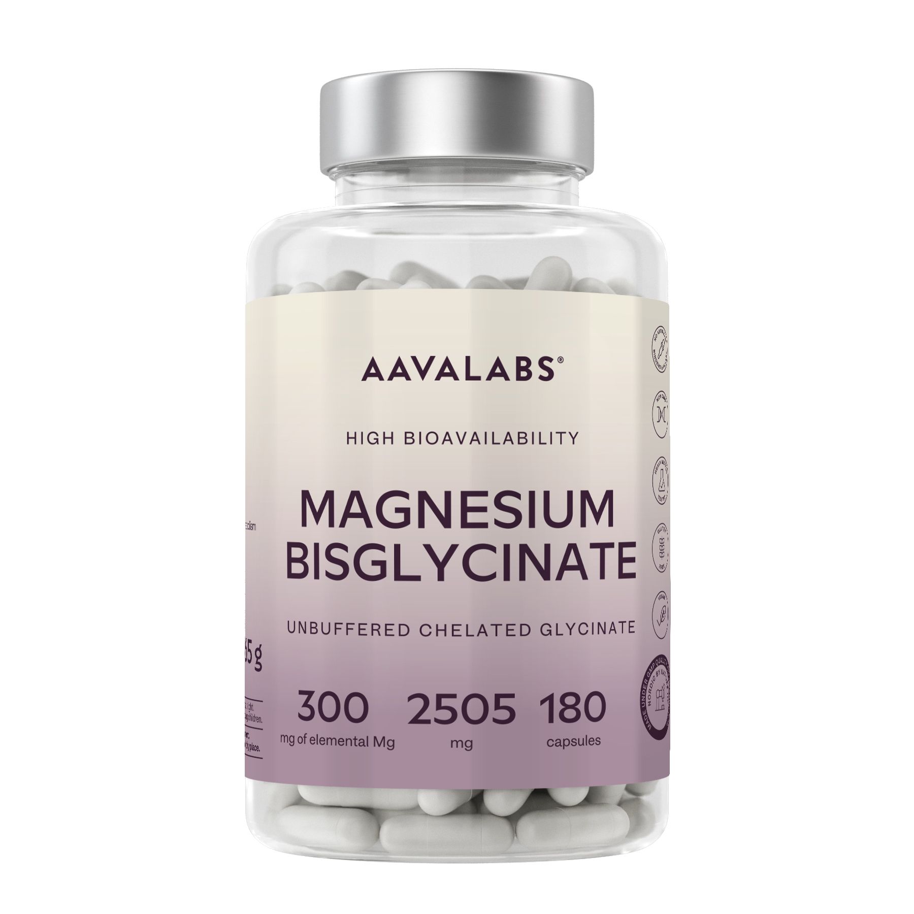 Flacone trasparente con capsule. Scritta: Magnesiumbisglycinate. 180 capsule.