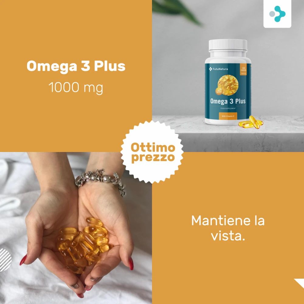 Mani che tengono capsule. Flacone Omega 3 Plus. Testo: Mantenimento della vista.