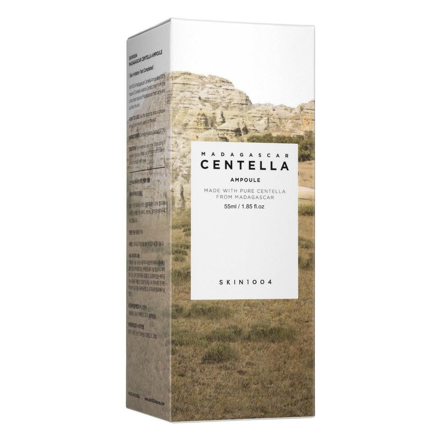 Scatola di imballaggio per 'Centella Ampoule' con immagine di paesaggio e informazioni sul prodotto.