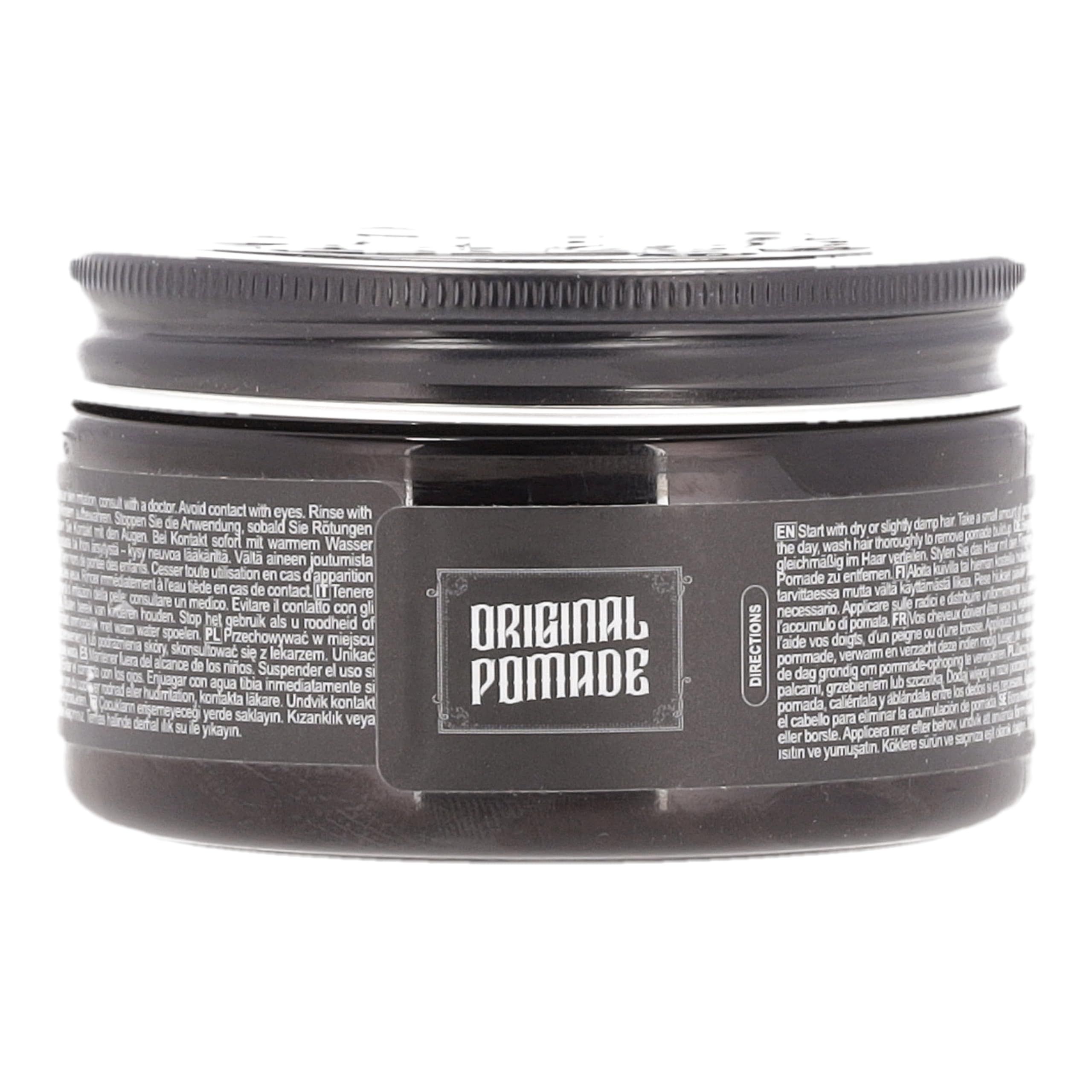 Vasetto scuro con coperchio nero, etichettato "ORIGINAL POMADE".