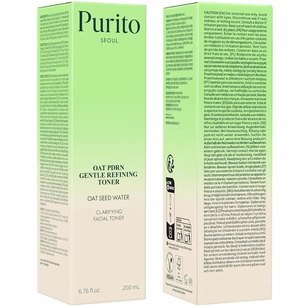 Confezione del prodotto. Scatola bianca e verde con informazioni sul prodotto. Testo: Oat PDRN Gentle Refining Toner. 200 ml. Avvertenze e ingredienti.